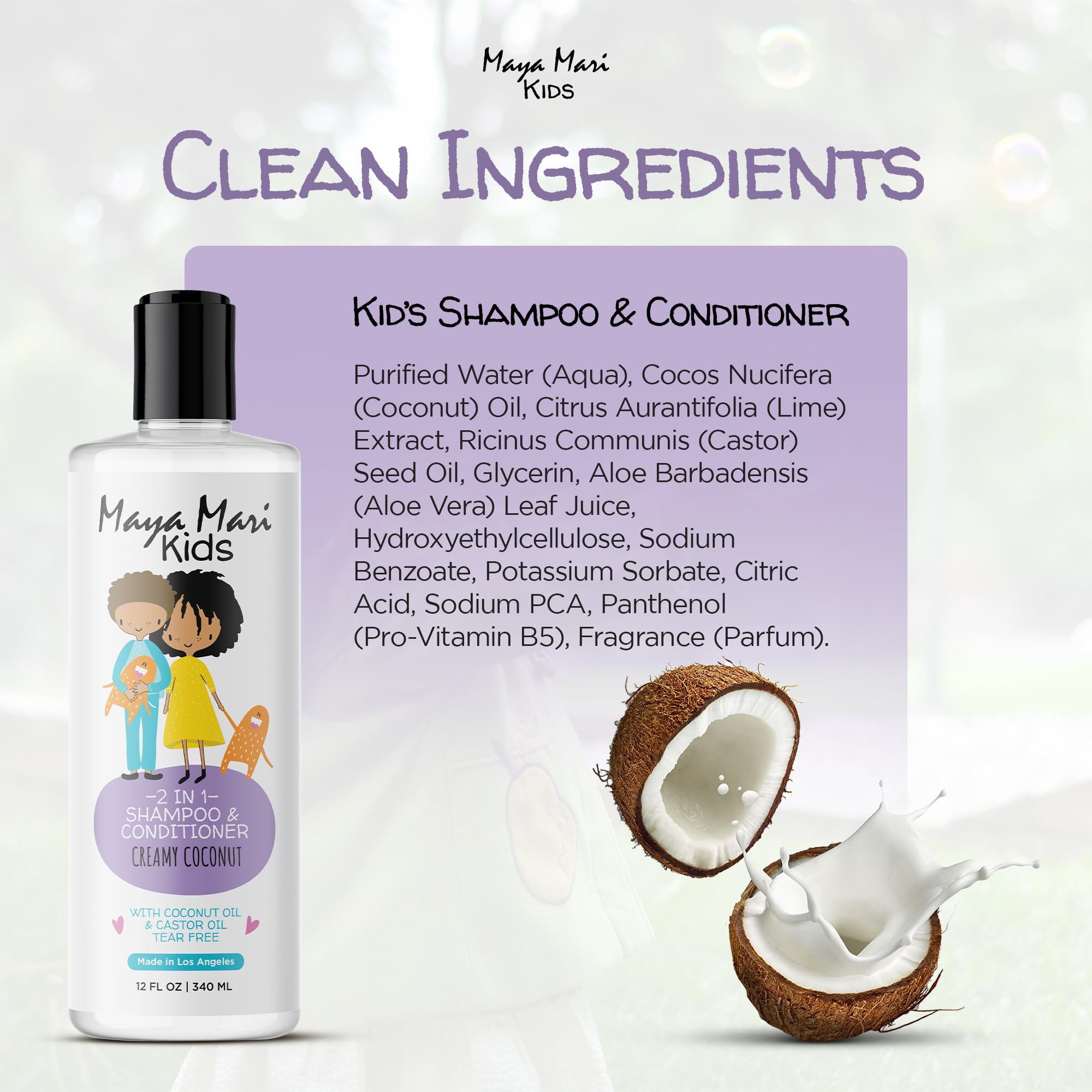 MAYA MARI 2-in-1 Kids Shampoo and Conditioner – Tear-Free, Coconut & Lime, Made in USA (12 oz)