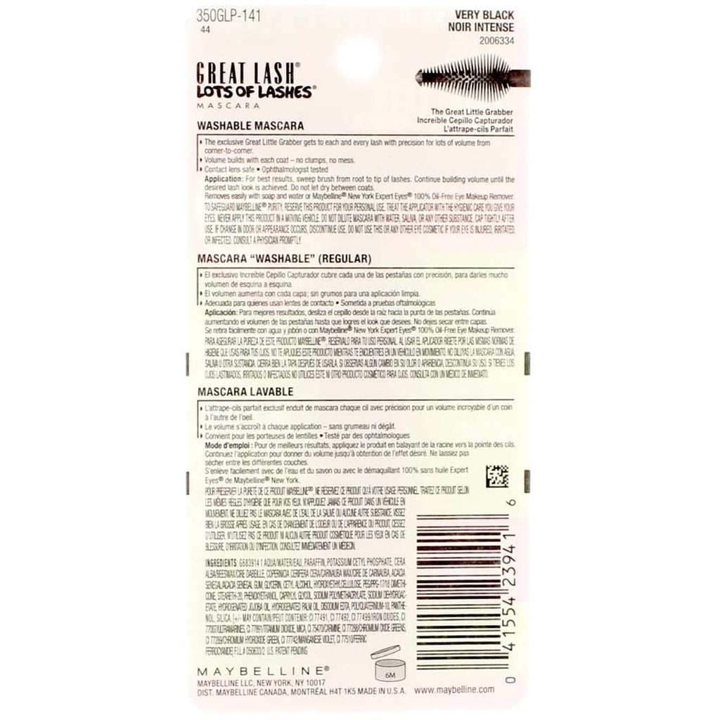 Maybelline Great Lash Lots of Lashes Washable Mascara – Curved Brush, Very Black, Pack of 3