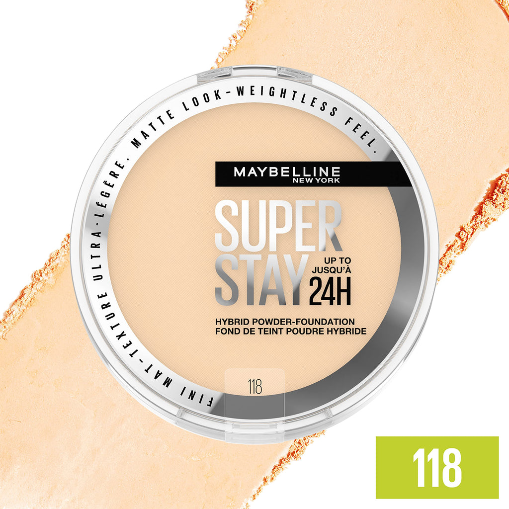 Maybelline Super Stay Hybrid Powder Foundation – Matte Finish, Up to 24HR Wear, Medium-to-Full Coverage (118)