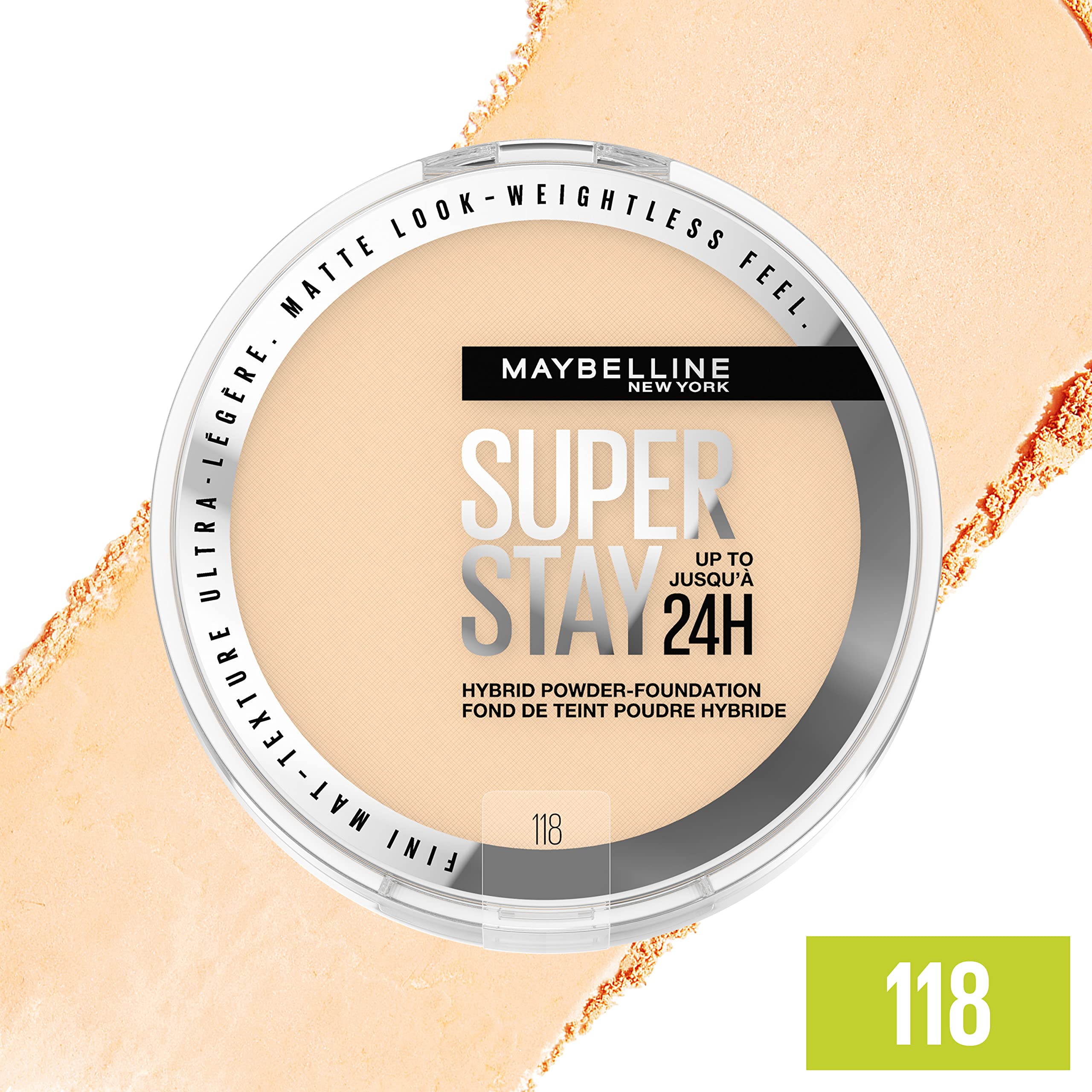 Maybelline Super Stay Hybrid Powder Foundation – Matte Finish, Up to 24HR Wear, Medium-to-Full Coverage (118)
