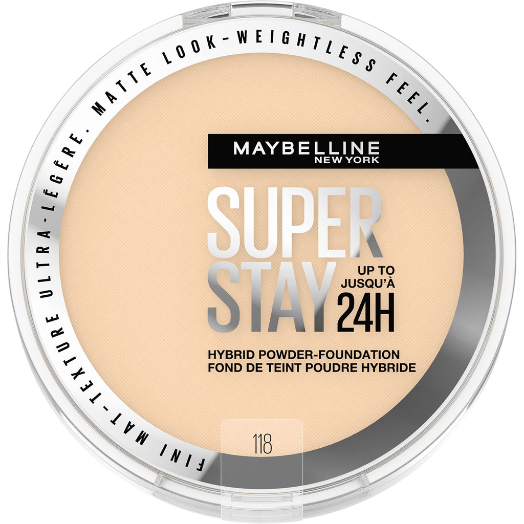 Maybelline Super Stay Hybrid Powder Foundation – Matte Finish, Up to 24HR Wear, Medium-to-Full Coverage (118)