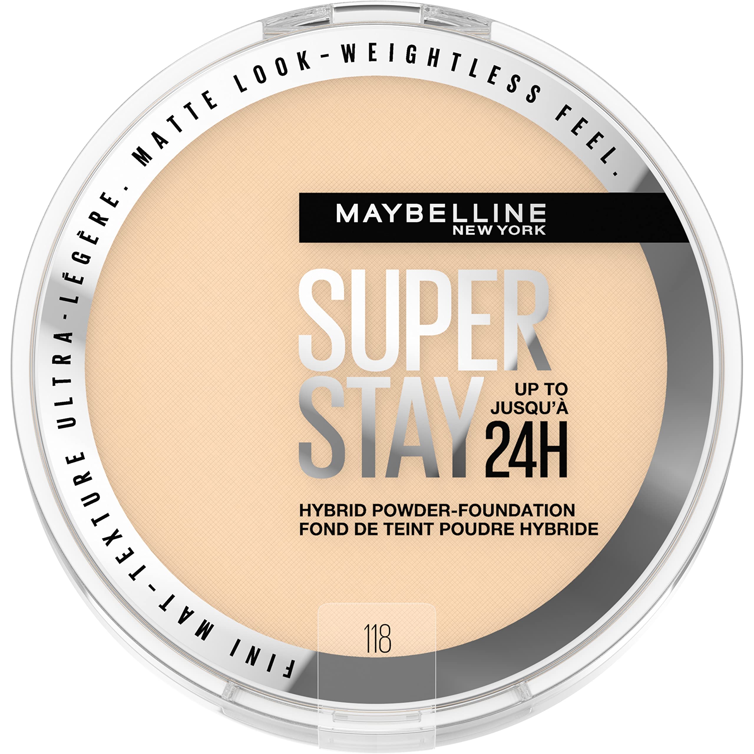 Maybelline Super Stay Hybrid Powder Foundation – Matte Finish, Up to 24HR Wear, Medium-to-Full Coverage (118)