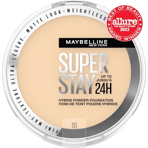 Maybelline Super Stay Hybrid Powder Foundation – Matte Finish, Up to 24HR Wear, Medium-to-Full Coverage (118)