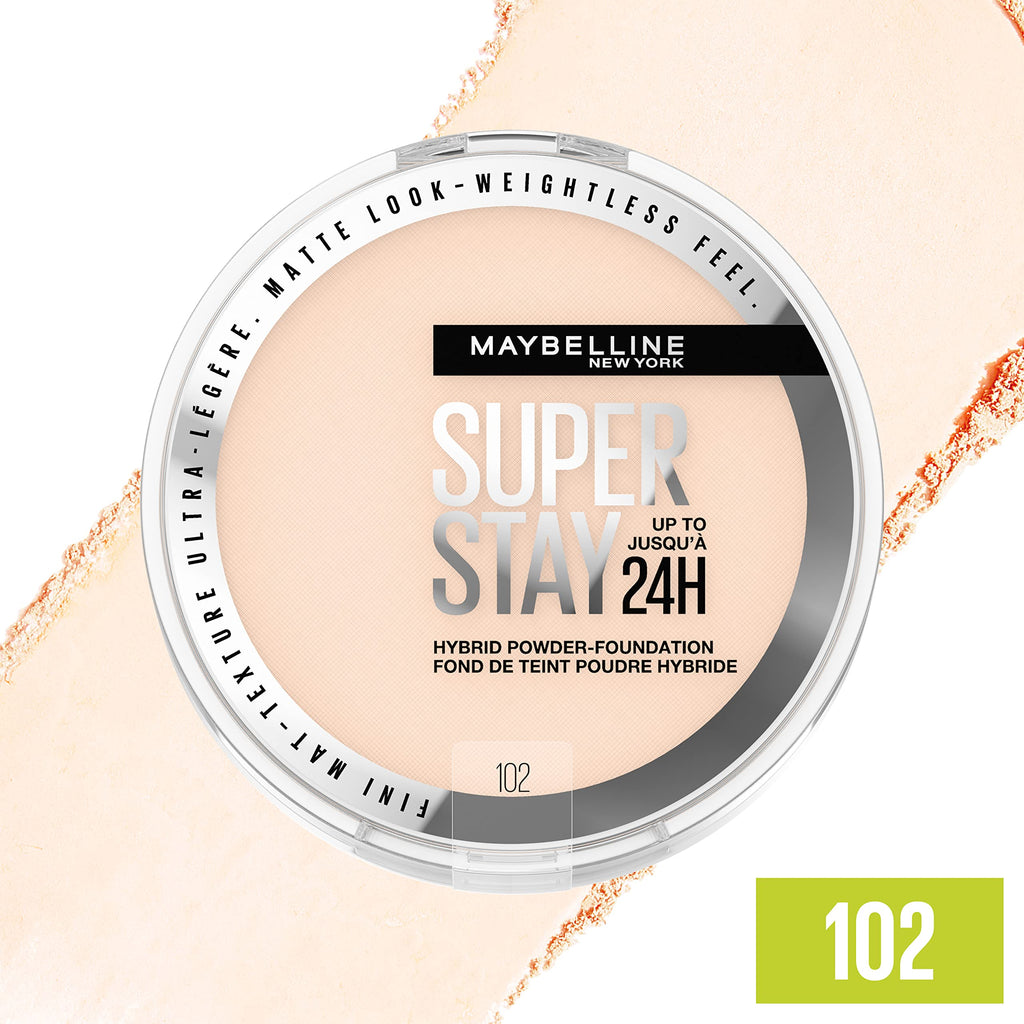 Maybelline Super Stay Hybrid Powder Foundation – 24HR Matte Coverage, Medium-to-Full, Shade 102