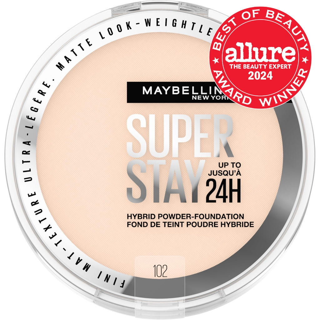 Maybelline Super Stay Hybrid Powder Foundation – 24HR Matte Coverage, Medium-to-Full, Shade 102