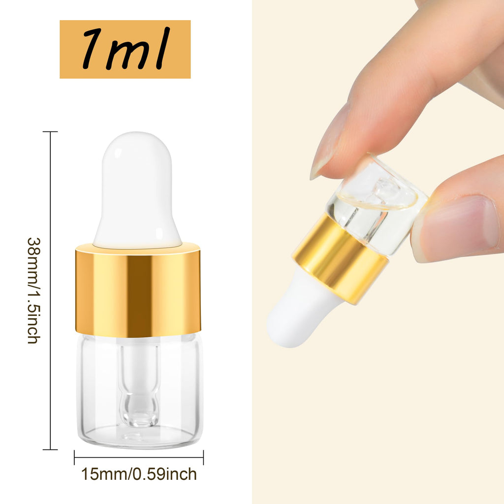 Maydeyy 1ml Mini Glass Dropper Bottles with Gold Cap – Clear Sample Vials for Essential Oil, Perfume & Cosmetics (10/100 Pack)