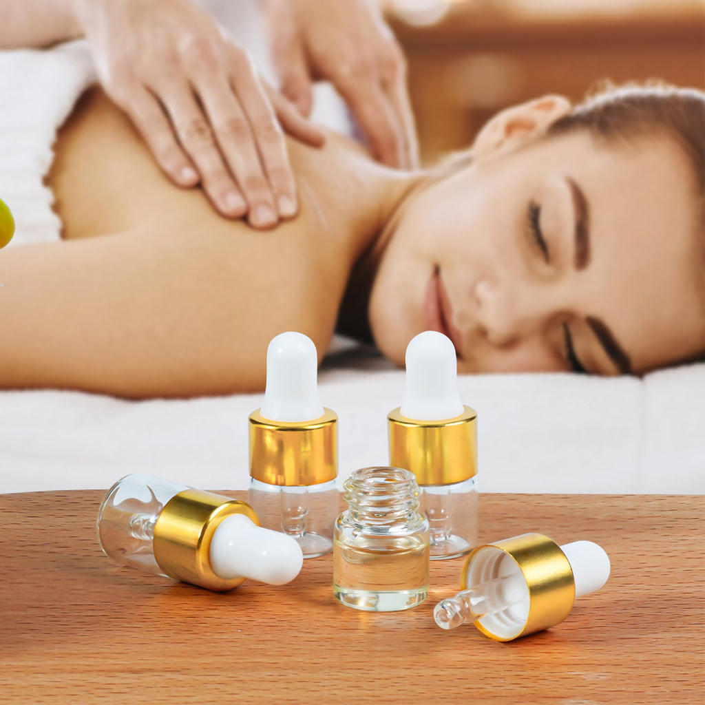 Maydeyy 1ml Mini Glass Dropper Bottles with Gold Cap – Clear Sample Vials for Essential Oil, Perfume & Cosmetics (10/100 Pack)