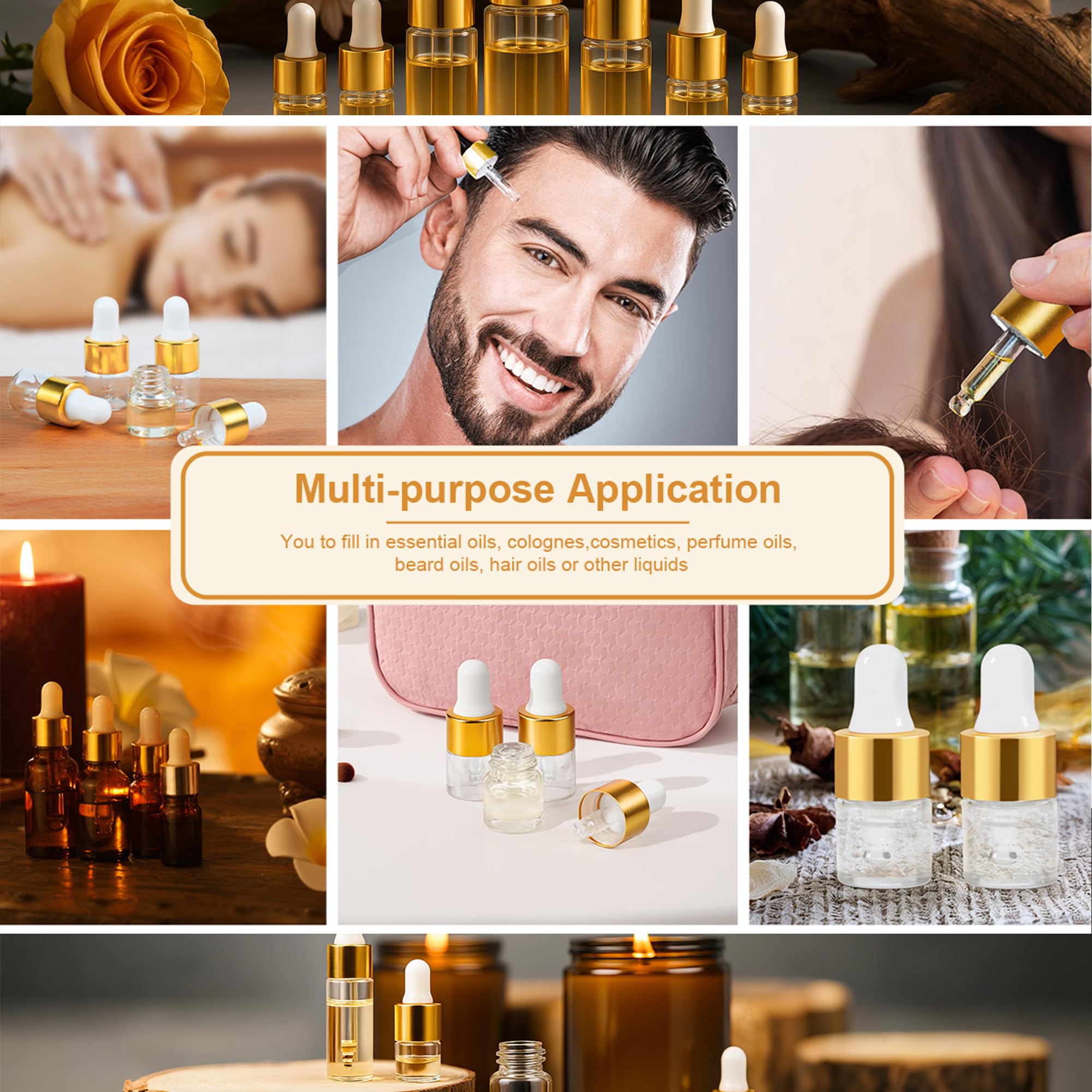 Maydeyy 1ml Mini Glass Dropper Bottles with Gold Cap – Clear Sample Vials for Essential Oil, Perfume & Cosmetics (10/100 Pack)