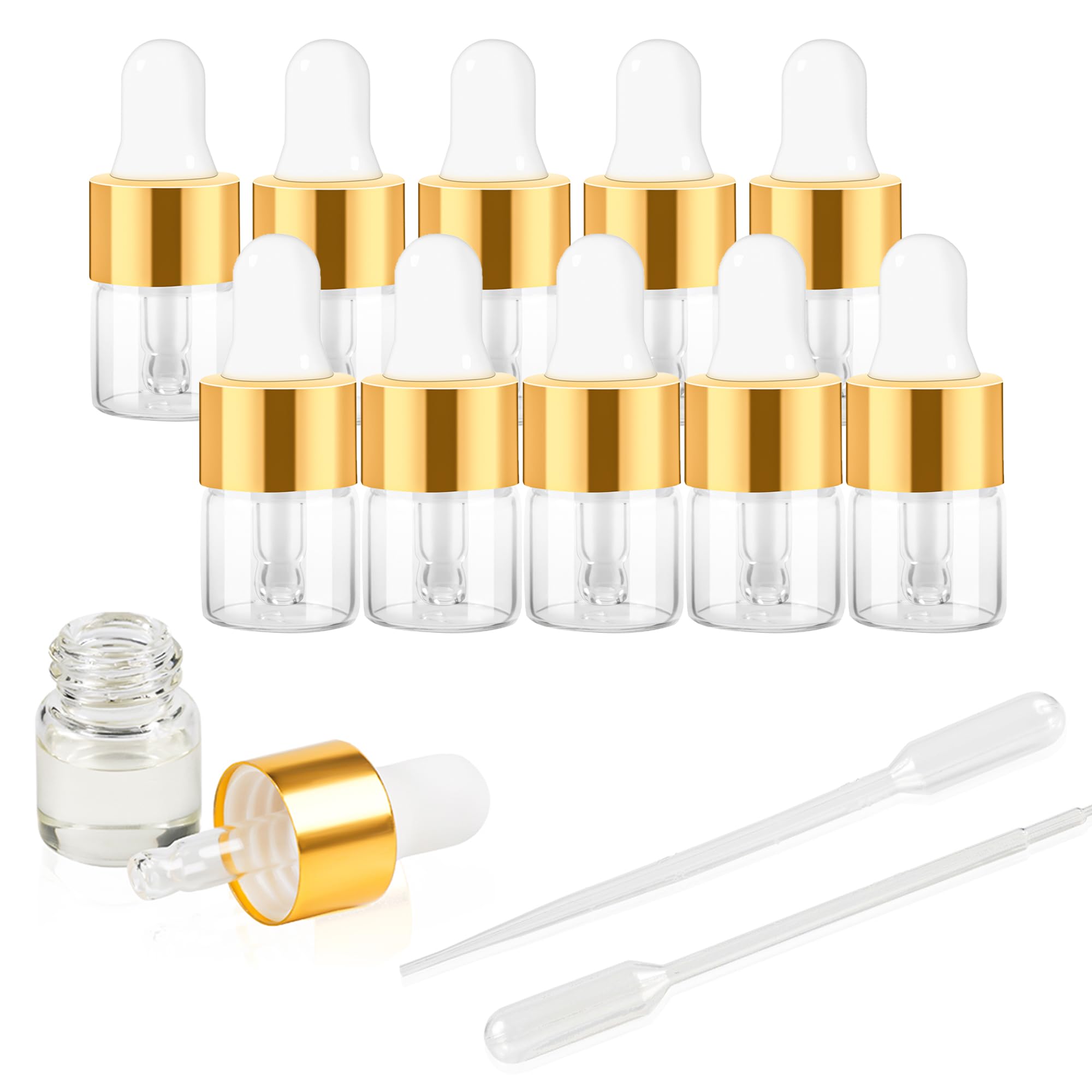 Maydeyy 1ml Mini Glass Dropper Bottles with Gold Cap – Clear Sample Vials for Essential Oil, Perfume & Cosmetics (10/100 Pack)