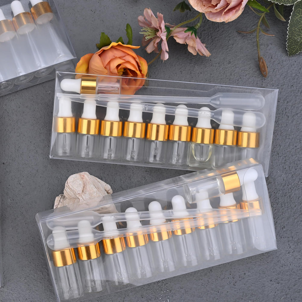 Maydeyy 1ml Mini Glass Dropper Bottles with Gold Cap – Clear Sample Vials for Essential Oil, Perfume & Cosmetics (10/100 Pack)