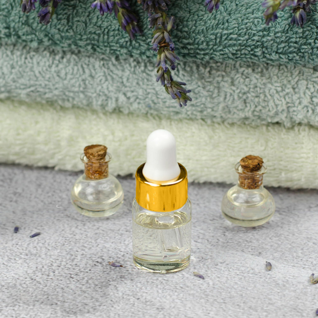 Maydeyy 1ml Mini Glass Dropper Bottles with Gold Cap – Clear Sample Vials for Essential Oil, Perfume & Cosmetics (10/100 Pack)