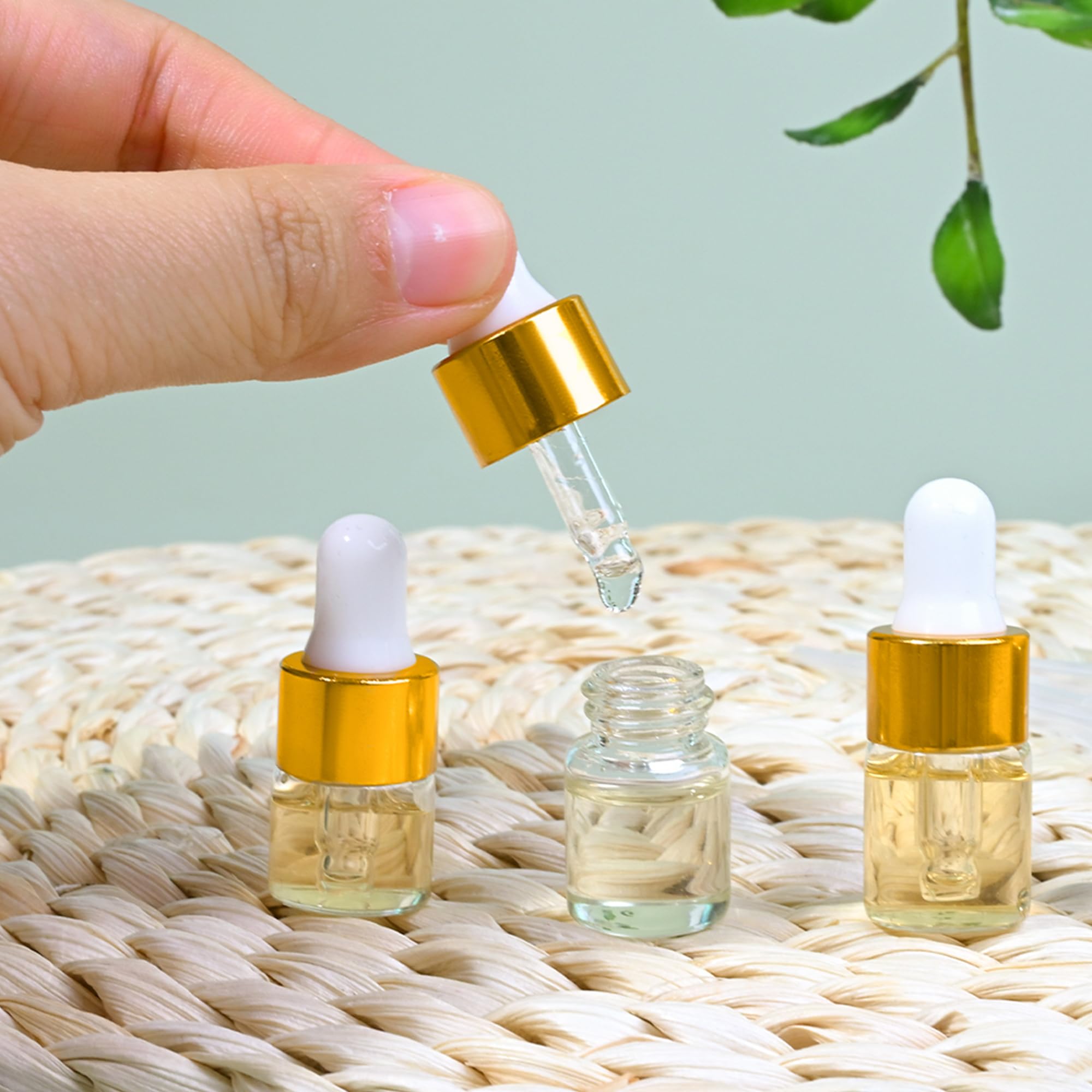 Maydeyy 1ml Mini Glass Dropper Bottles with Gold Cap – Clear Sample Vials for Essential Oil, Perfume & Cosmetics (10/100 Pack)
