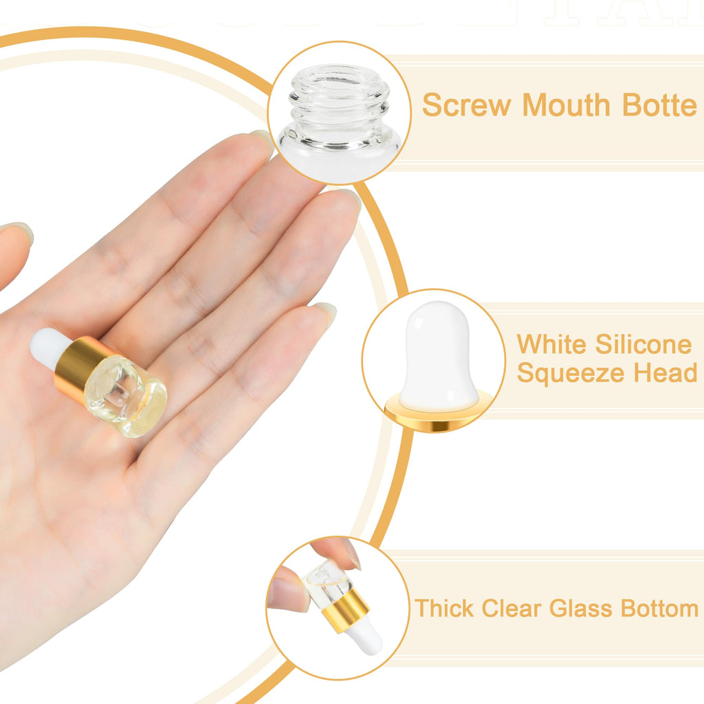 Maydeyy 1ml Mini Glass Dropper Bottles with Gold Cap – Clear Sample Vials for Essential Oil, Perfume & Cosmetics (10/100 Pack)