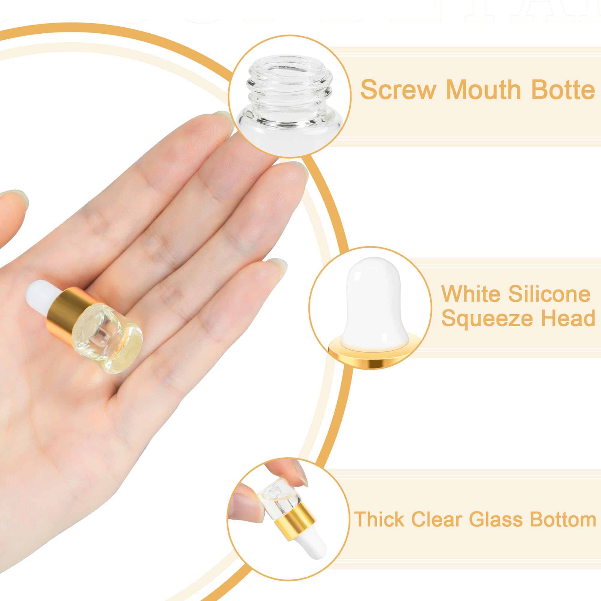 Maydeyy 1ml Mini Glass Dropper Bottles with Gold Cap – Clear Sample Vials for Essential Oil, Perfume & Cosmetics (10/100 Pack)