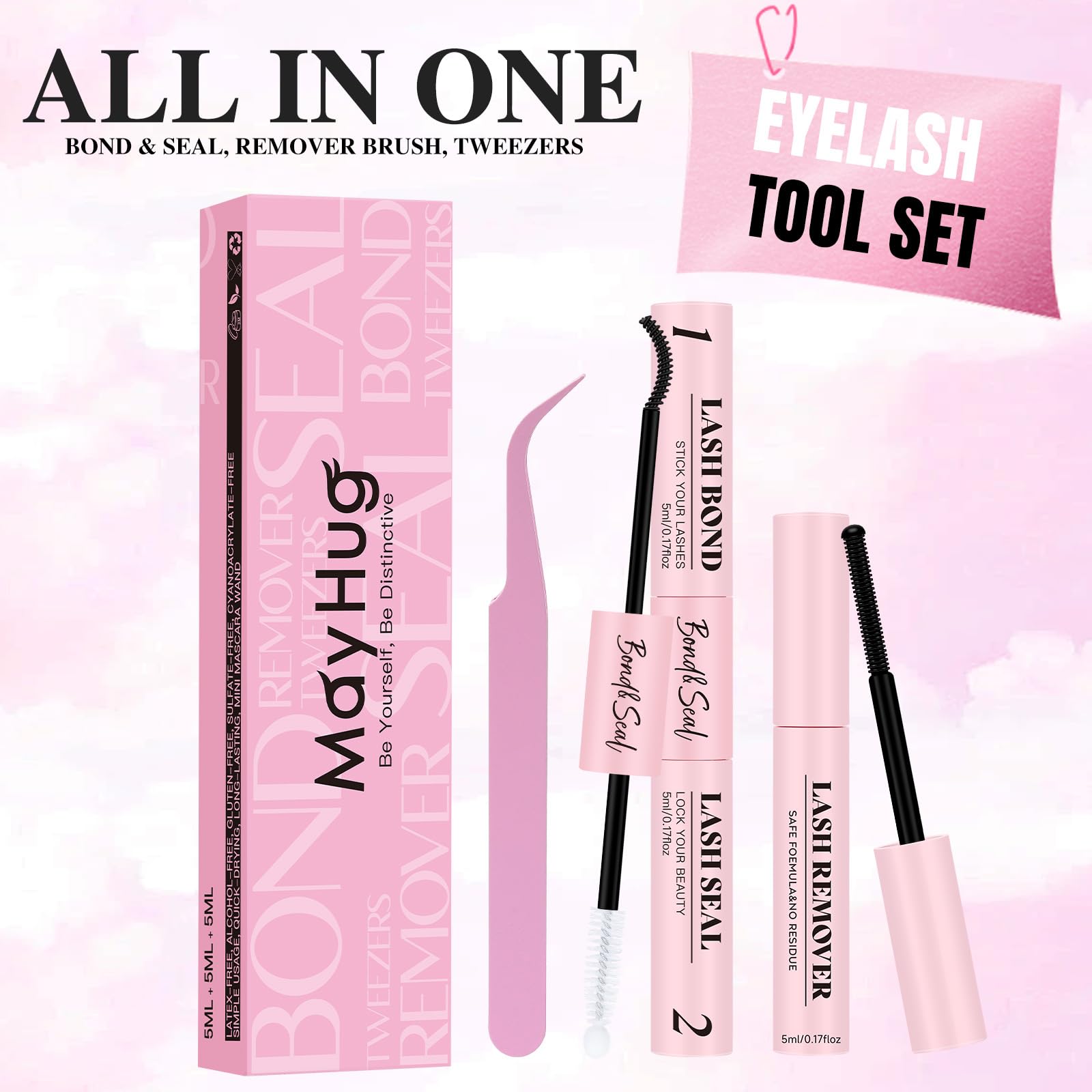 Mayhug Lash Cluster Bond & Seal Kit – 4-in-1 DIY Lash Extensions (Remover + Tweezers)