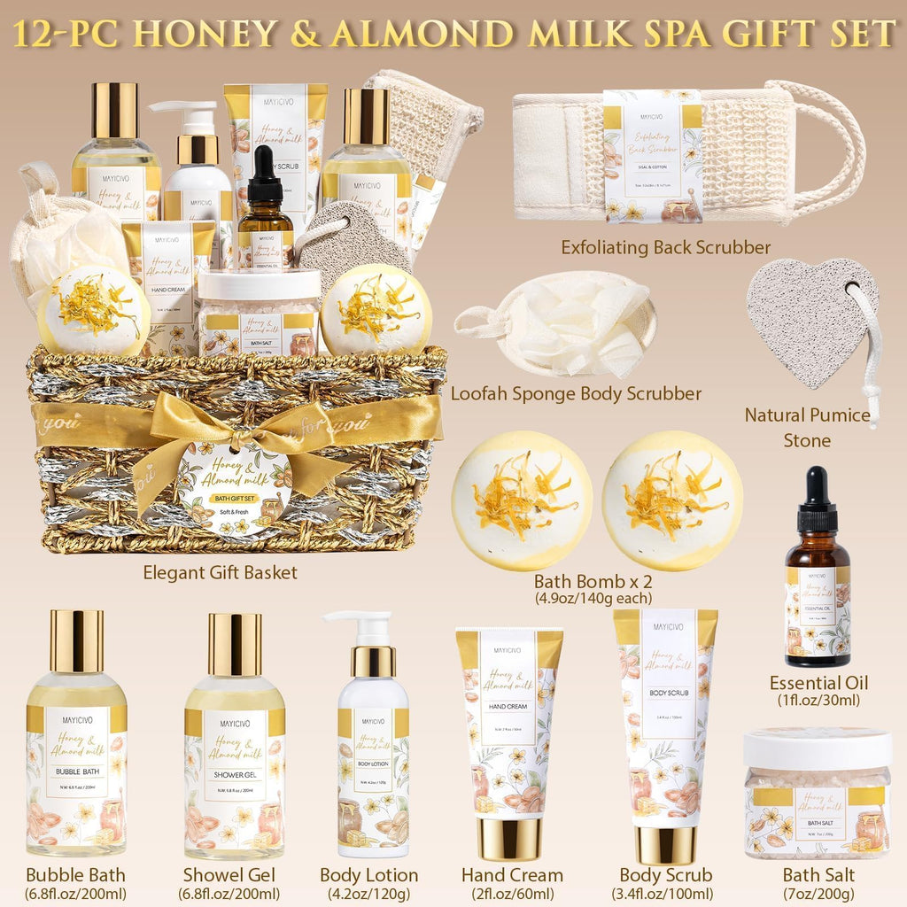 MAYICIVO Honey & Almond Milk Spa Gift Basket for Women | Self-Care Bath Gift Set