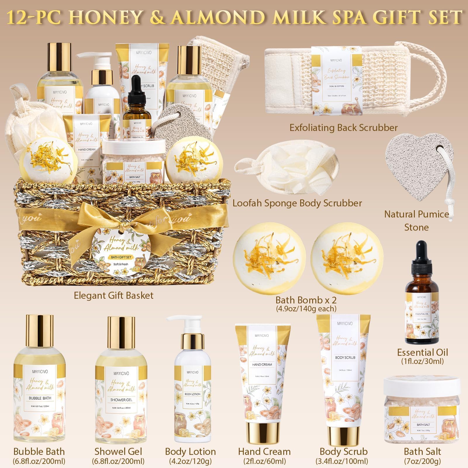 MAYICIVO Honey & Almond Milk Spa Gift Basket for Women | Self-Care Bath Gift Set