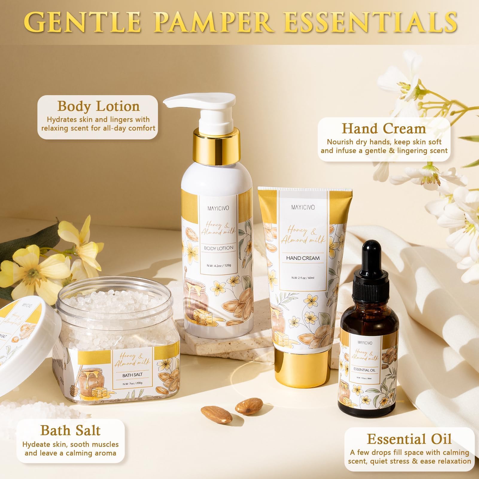 MAYICIVO Honey & Almond Milk Spa Gift Basket for Women | Self-Care Bath Gift Set