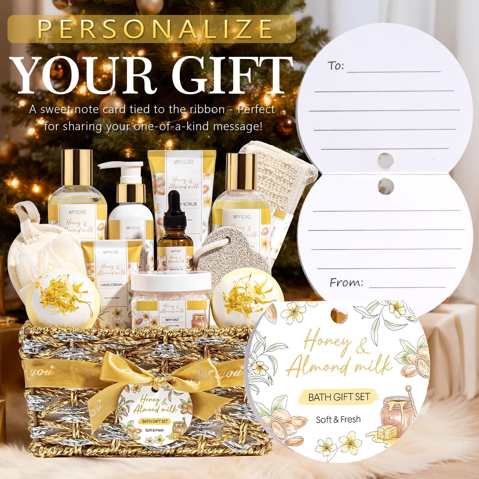 MAYICIVO Honey & Almond Milk Spa Gift Basket for Women | Self-Care Bath Gift Set