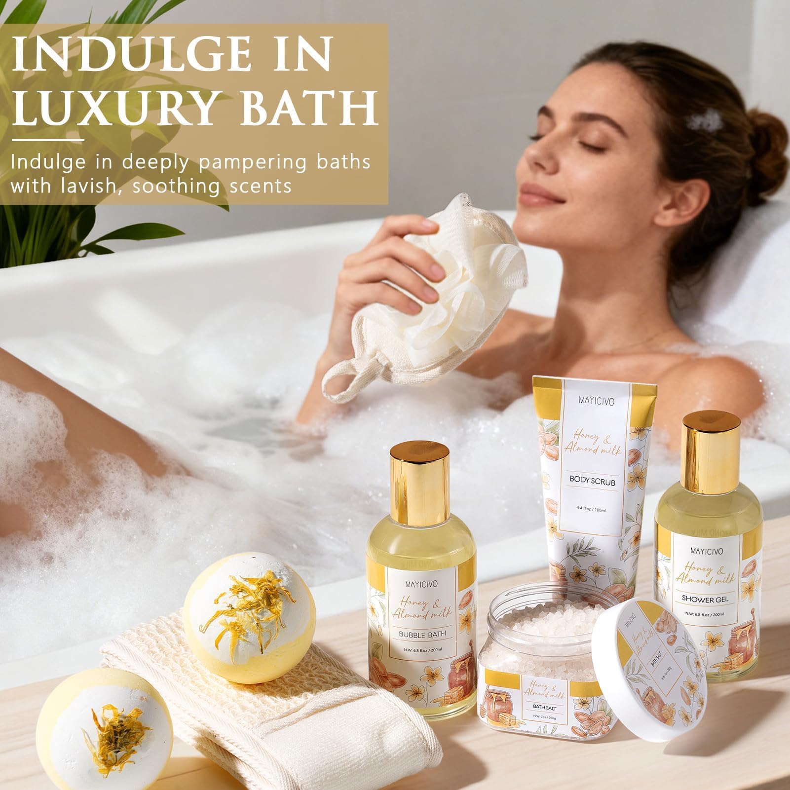 MAYICIVO Honey & Almond Milk Spa Gift Basket for Women | Self-Care Bath Gift Set