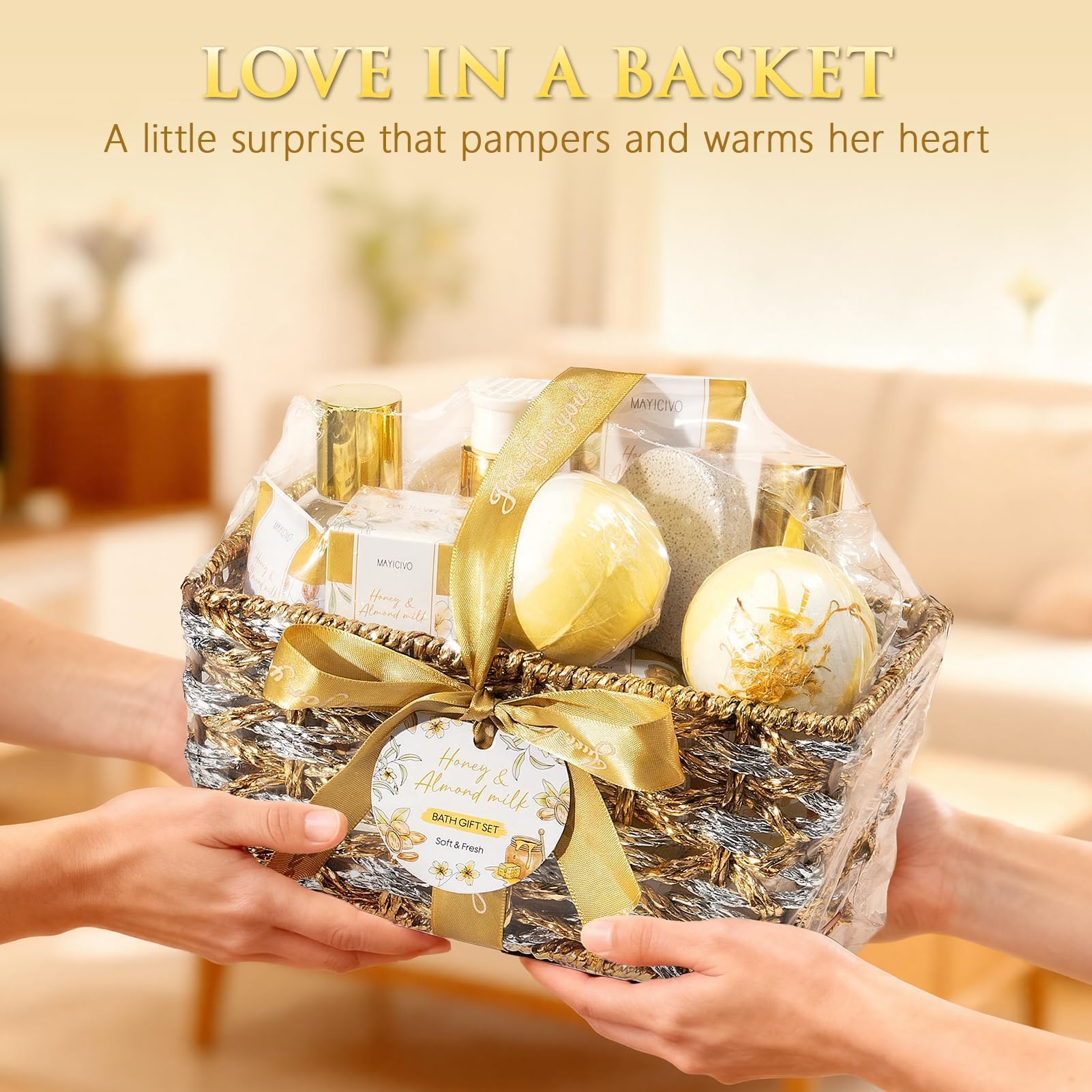 MAYICIVO Honey & Almond Milk Spa Gift Basket for Women | Self-Care Bath Gift Set
