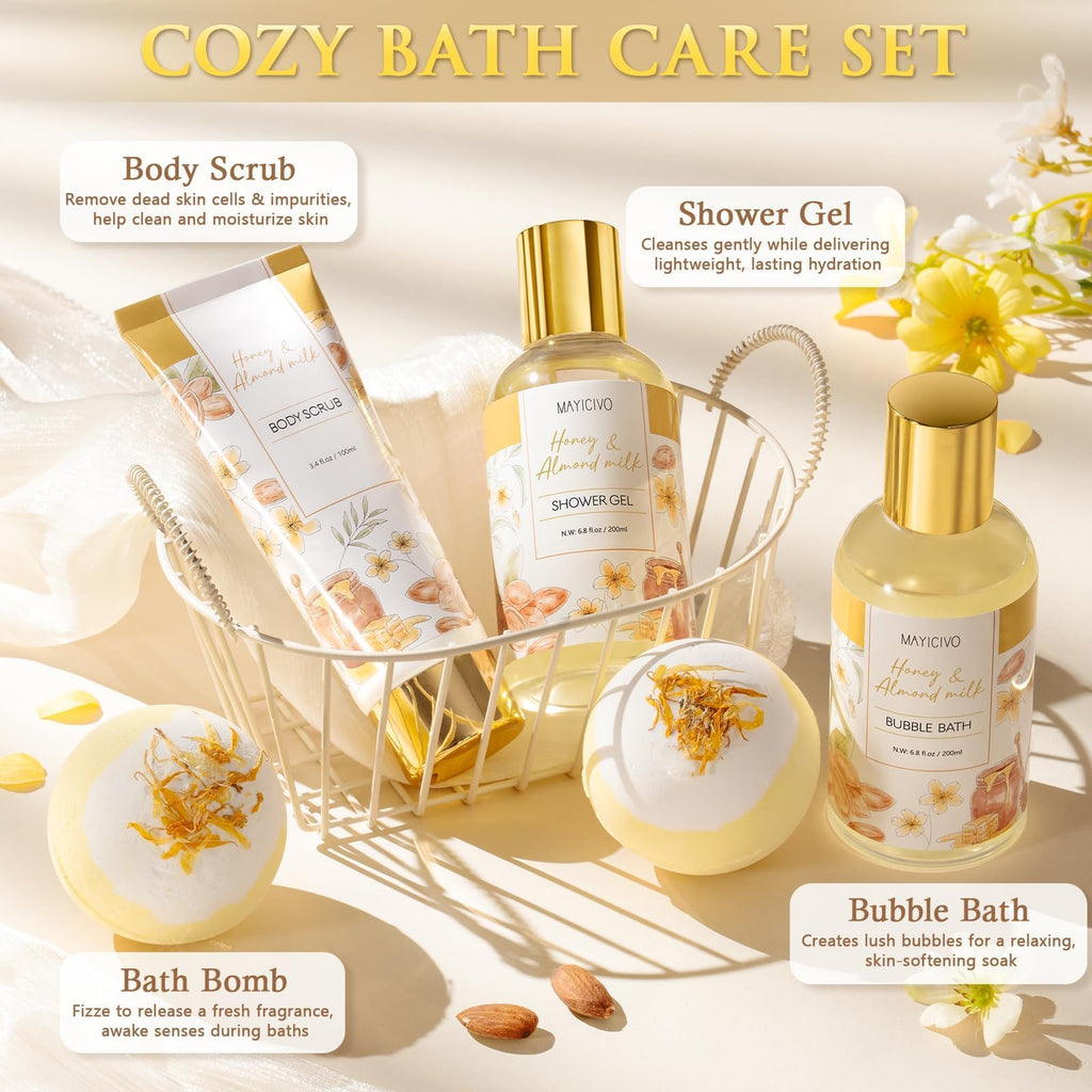 MAYICIVO Honey & Almond Milk Spa Gift Basket for Women | Self-Care Bath Gift Set