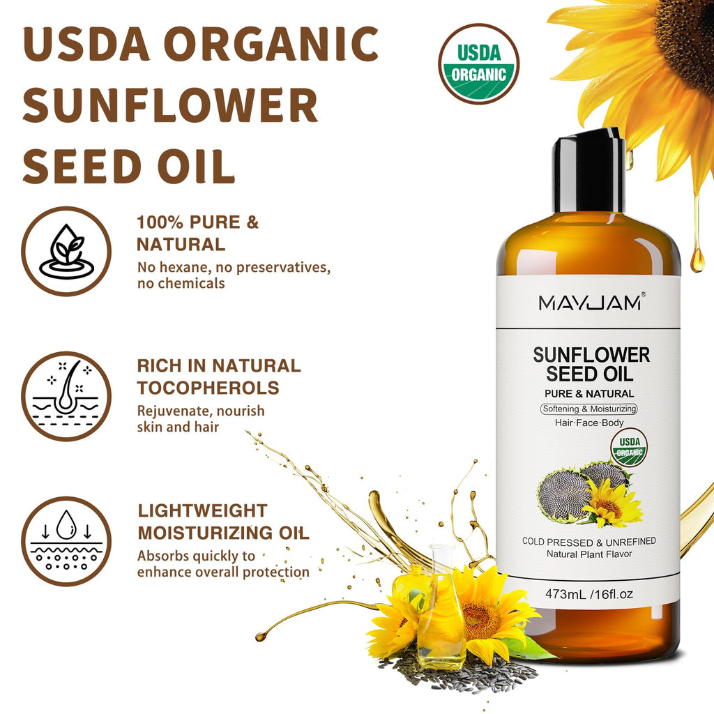 MAYJAM Organic Sunflower Seed Oil – 16 Fl Oz Cold Pressed Carrier Oil
