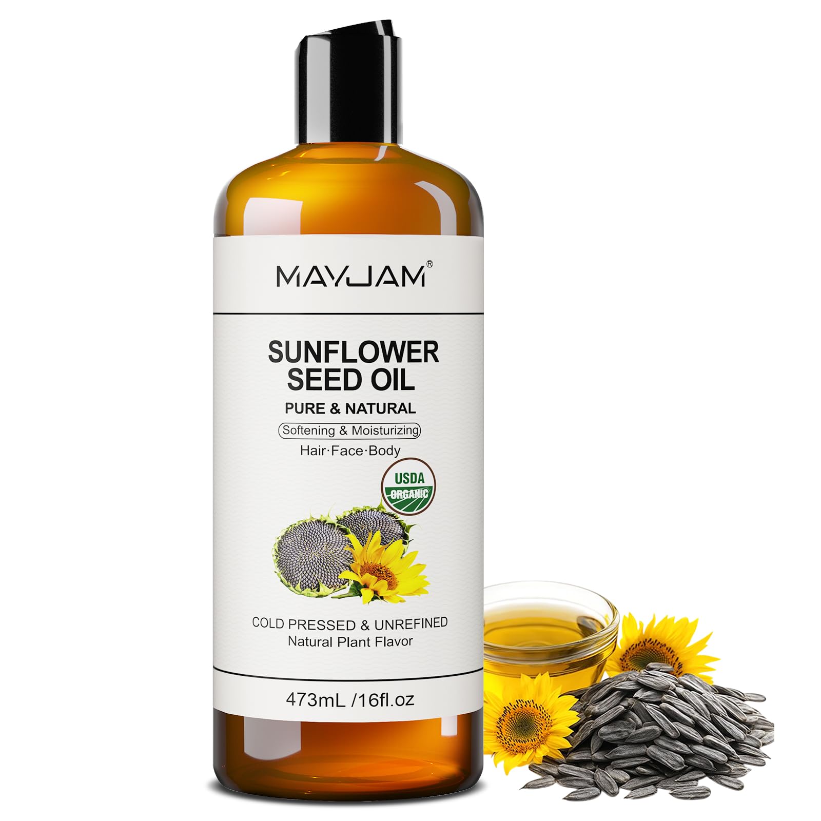 MAYJAM Organic Sunflower Seed Oil – 16 Fl Oz Cold Pressed Carrier Oil