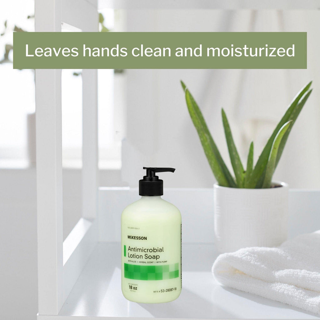 McKesson Antimicrobial Lotion Hand Soap with Aloe — 18 oz Pump Bottle, Herbal Scent