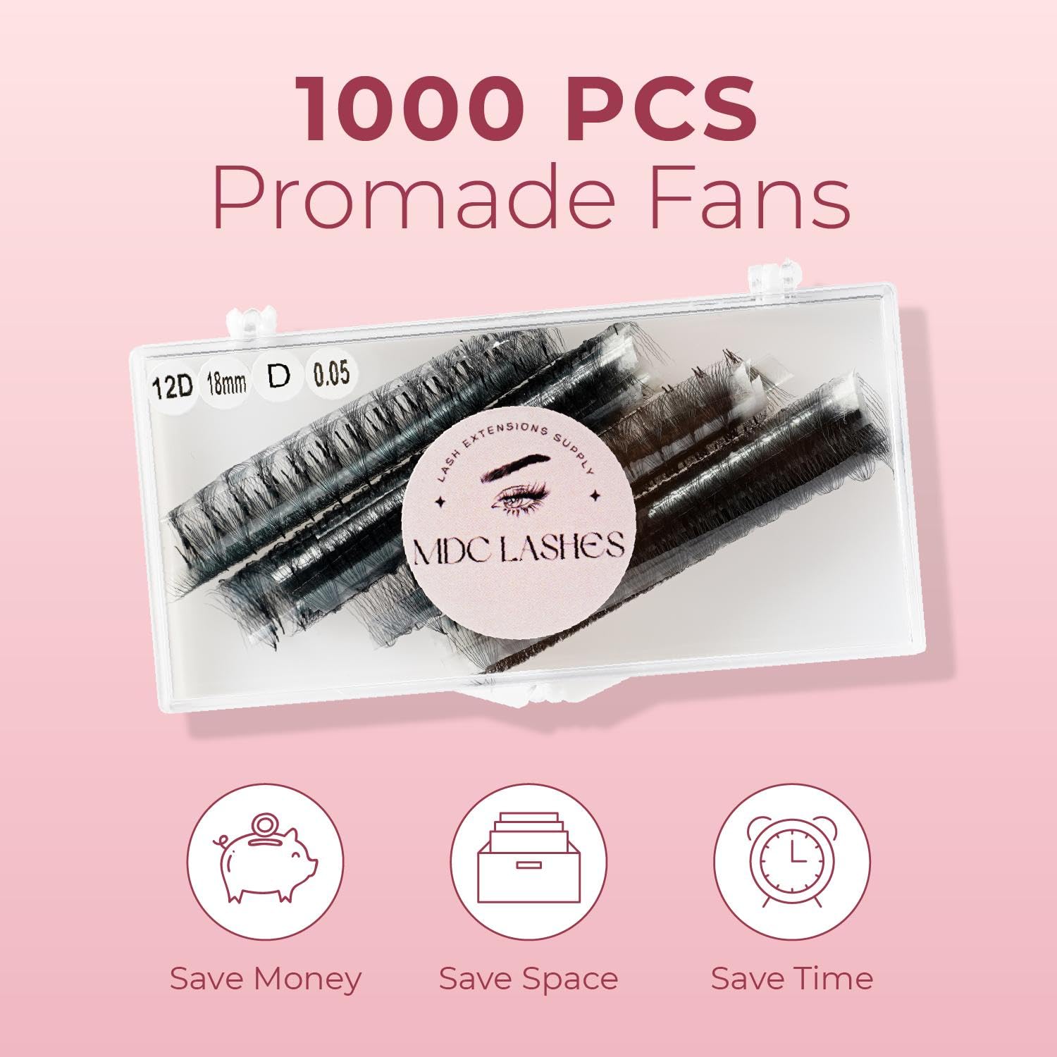 MDC LASHES Promade Fans 1000: Ultra Speed 5D-20D Premade Lash Extensions, C/CC/D Curl, 10–18mm