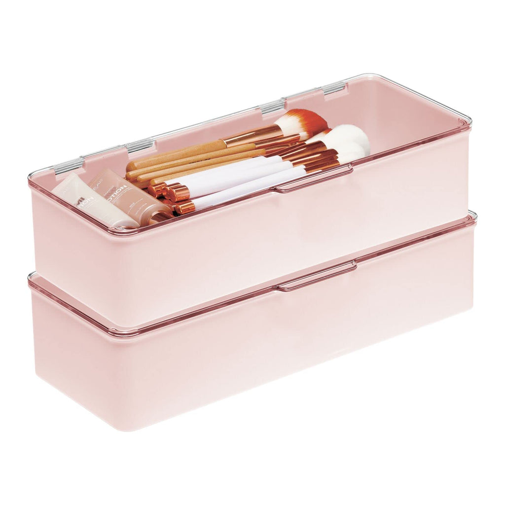 mDesign Long Plastic Cosmetic Storage Organizer Box Set 2 Pack Hinged Lid Light Pink/Clear