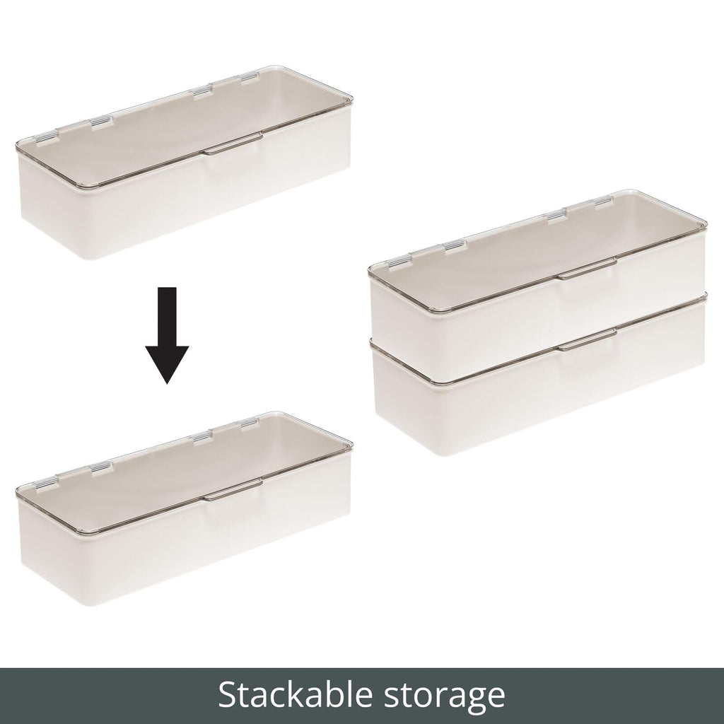 mDesign Long Plastic Cosmetic Storage Organizer Box Set with Hinged Lids — 2 Pack Cream/Beige/Clear