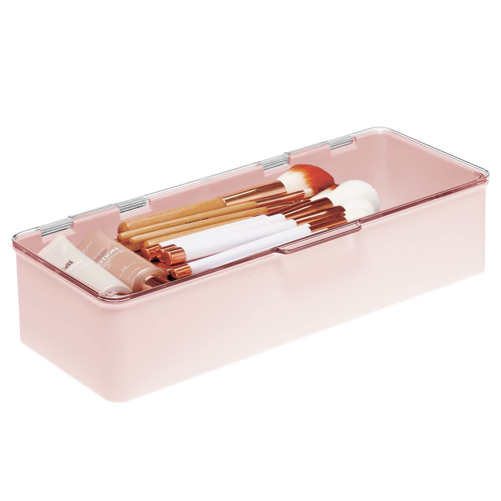 mDesign Long Plastic Cosmetic Storage Organizer Box Set 2 Pack Hinged Lid Light Pink/Clear