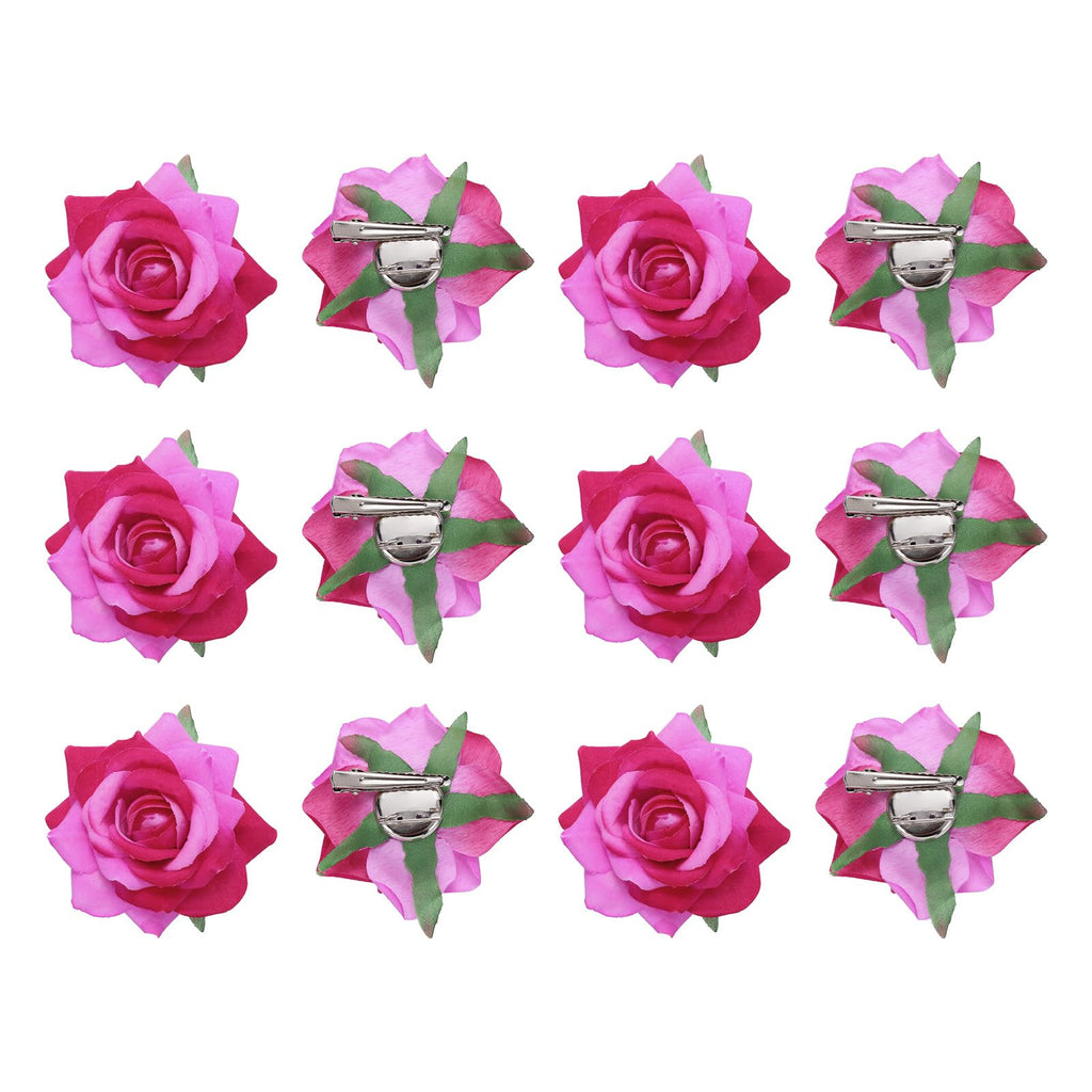 MECCANIXITY 12-Pack Rose Flower Hair Clips – 3-Inch Dark Pink Floral Hair Accessories for Women