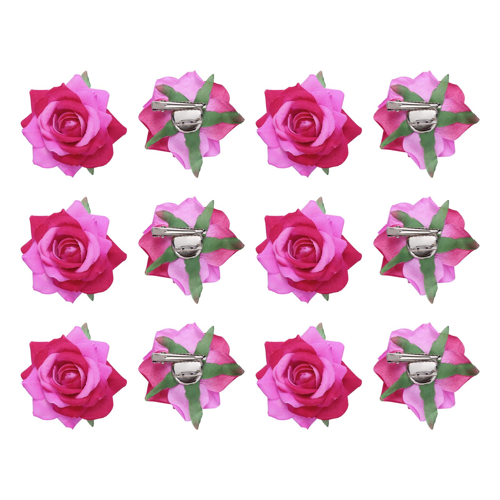MECCANIXITY 12-Pack Rose Flower Hair Clips – 3-Inch Dark Pink Floral Hair Accessories for Women