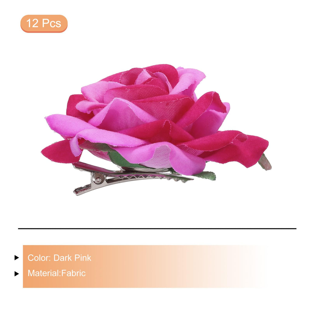 MECCANIXITY 12-Pack Rose Flower Hair Clips – 3-Inch Dark Pink Floral Hair Accessories for Women