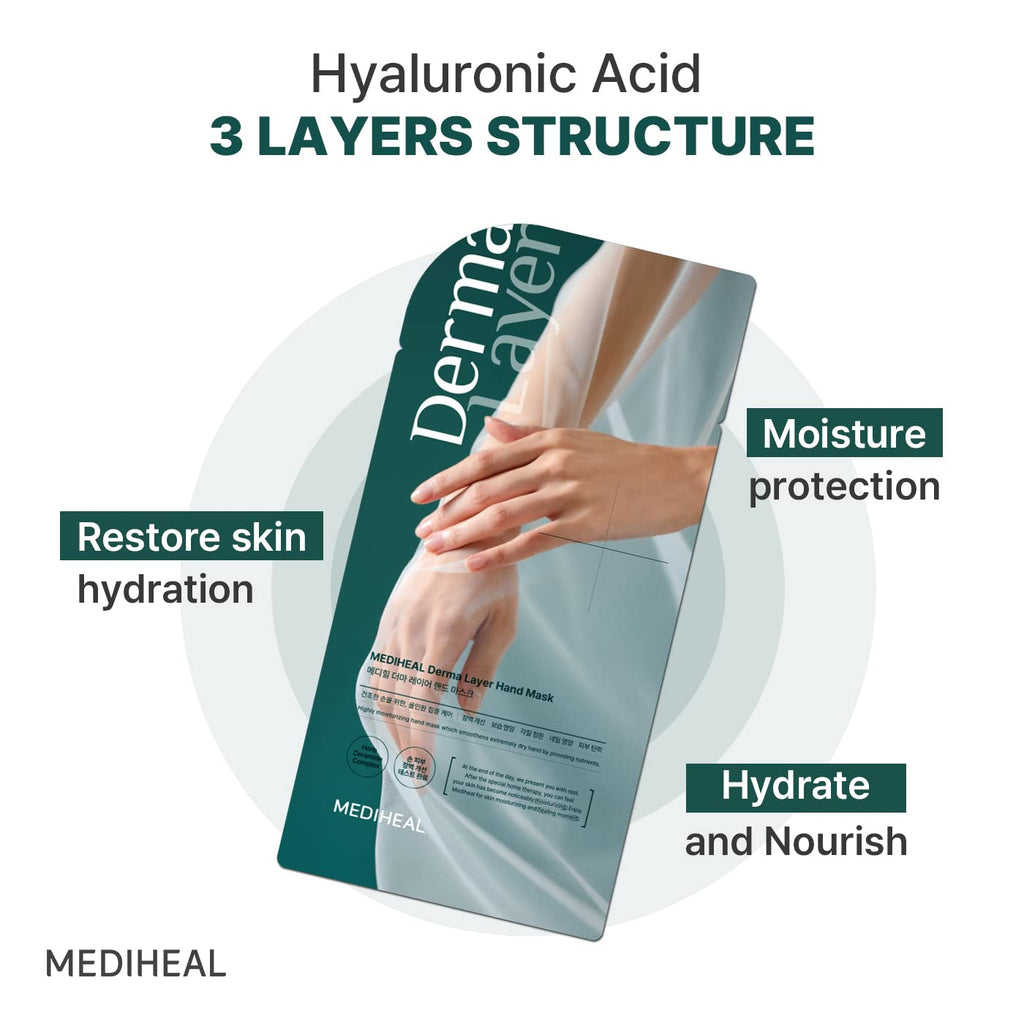 Mediheal Derma Layer Hand Mask (5 Packs) – Hyaluronic Acid Hydration, 3-Layer Structure