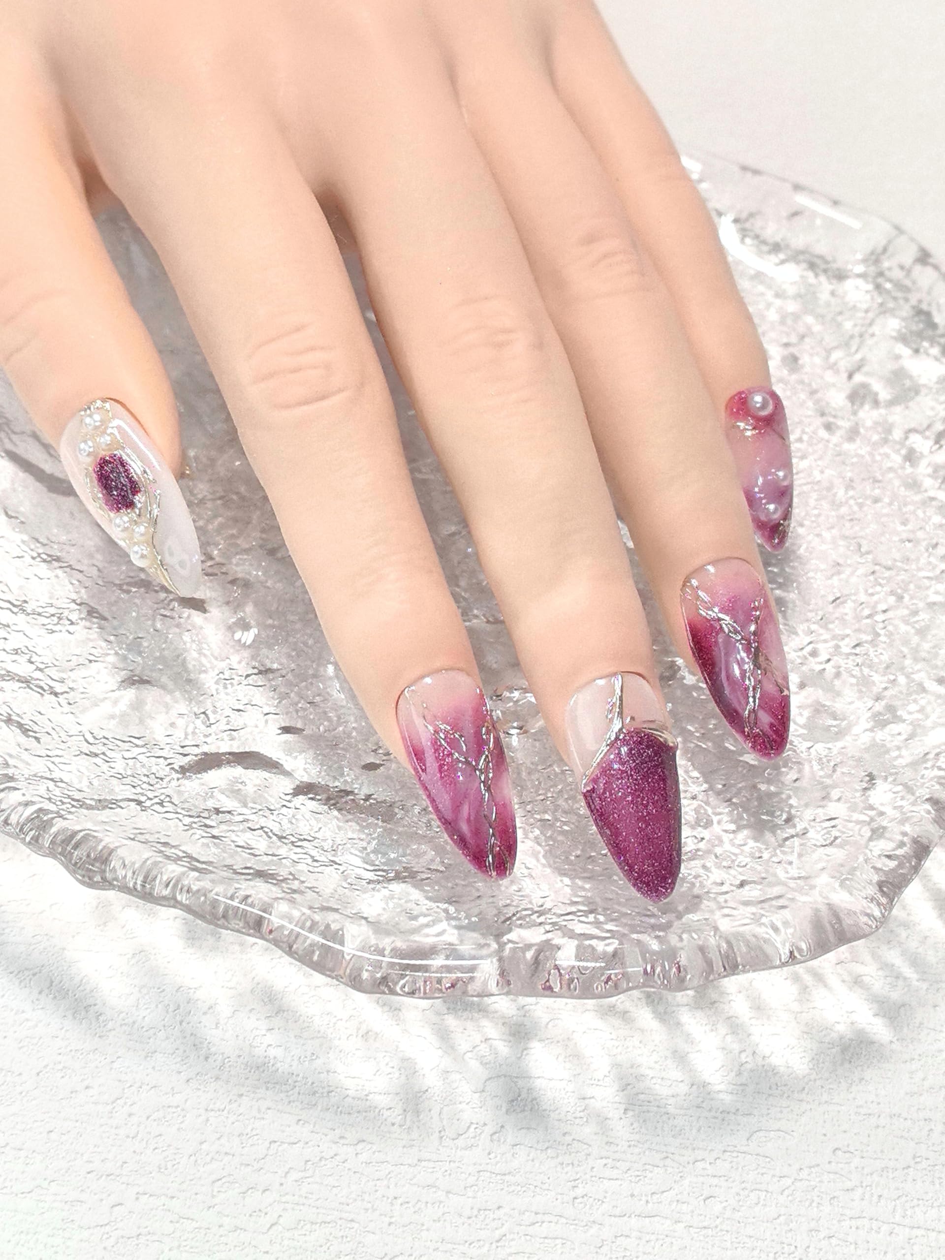 Medium Almond Pink & White Press On Nails — 3D Pearl, Glitter & Gold Line Art (10 Pieces)