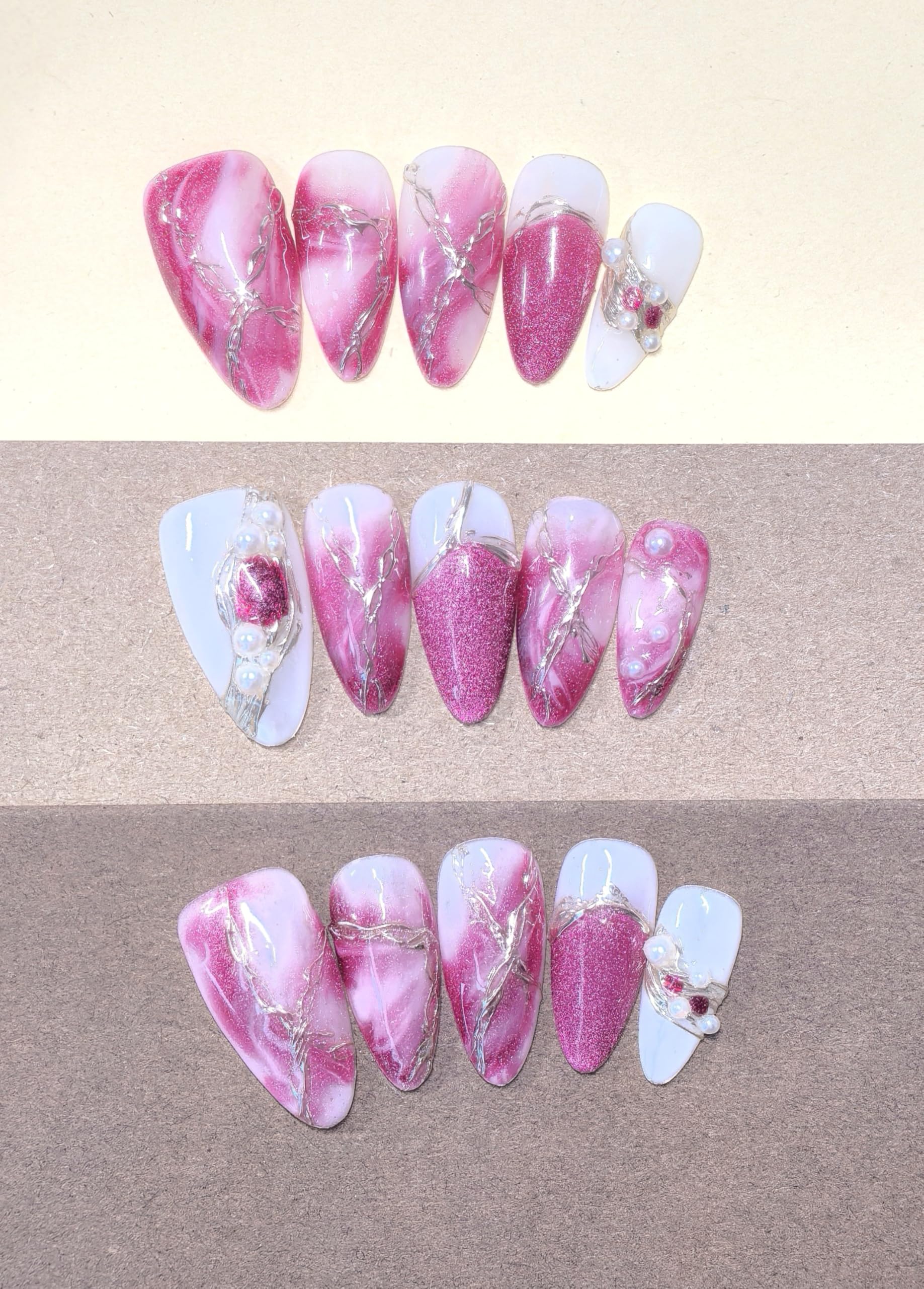 Medium Almond Pink & White Press On Nails — 3D Pearl, Glitter & Gold Line Art (10 Pieces)