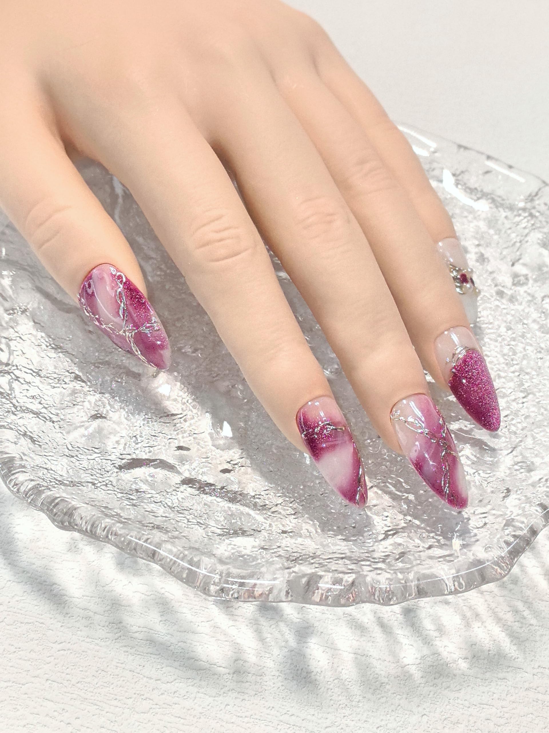 Medium Almond Pink & White Press On Nails — 3D Pearl, Glitter & Gold Line Art (10 Pieces)