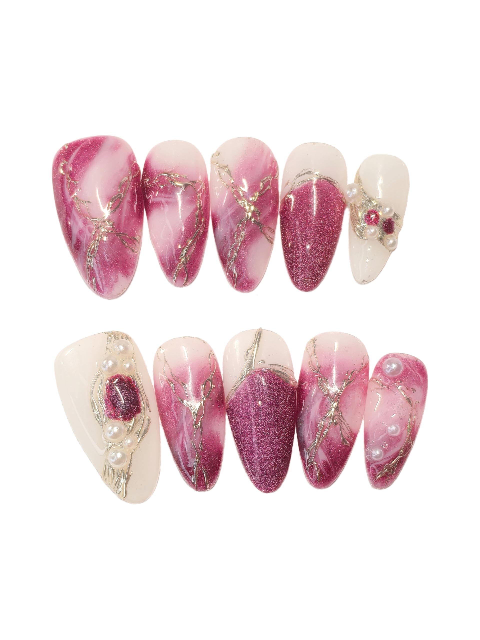 Medium Almond Pink & White Press On Nails — 3D Pearl, Glitter & Gold Line Art (10 Pieces)