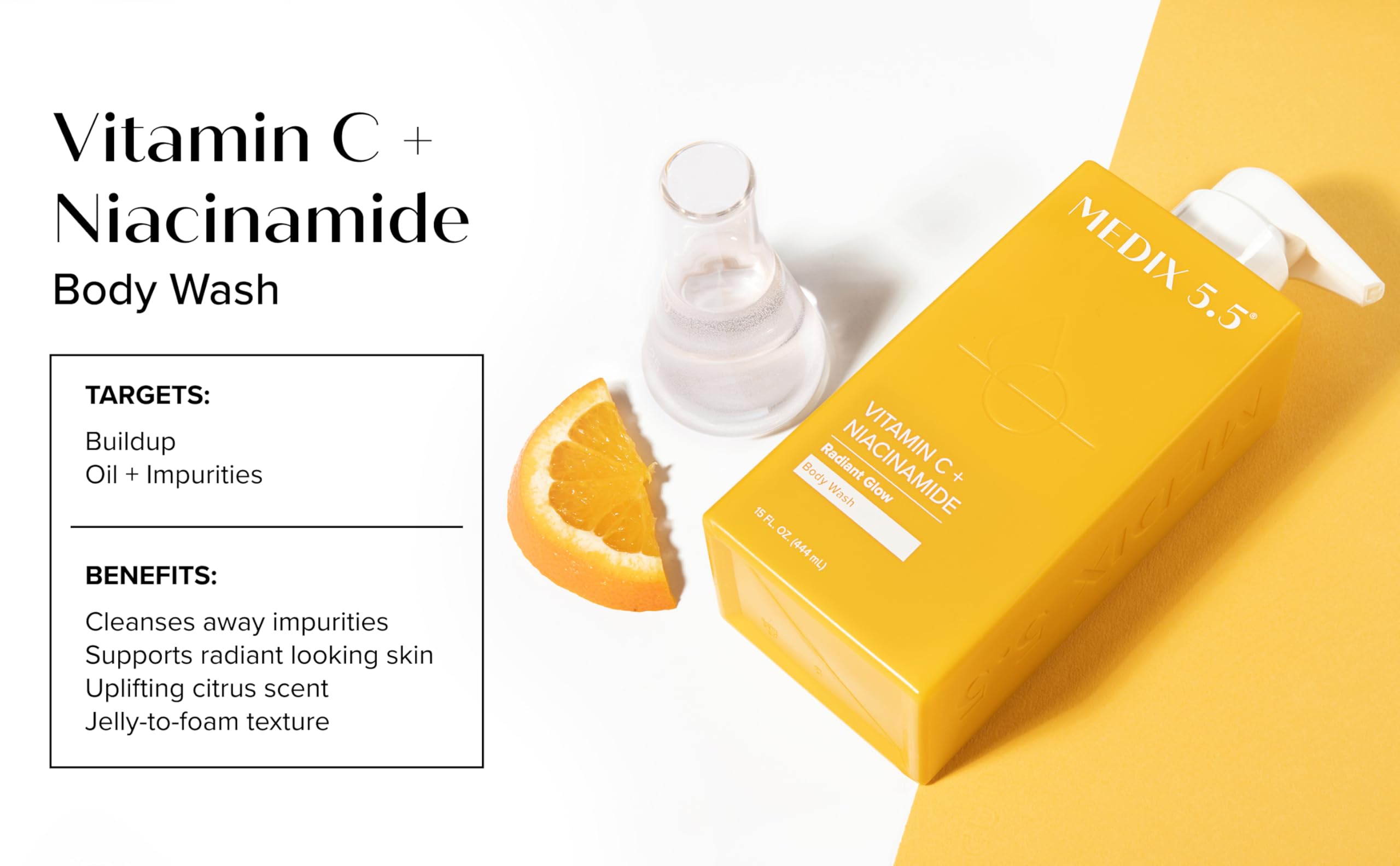 Medix 5.5 Radiant Glow Vitamin C Body Wash with Niacinamide – Citrus Scented, 15 oz (3pc Travel Size)
