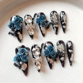 Meemooron 10pcs Handmade Press On Nails – Long Stiletto, Black with Blue Flower Rhinestones