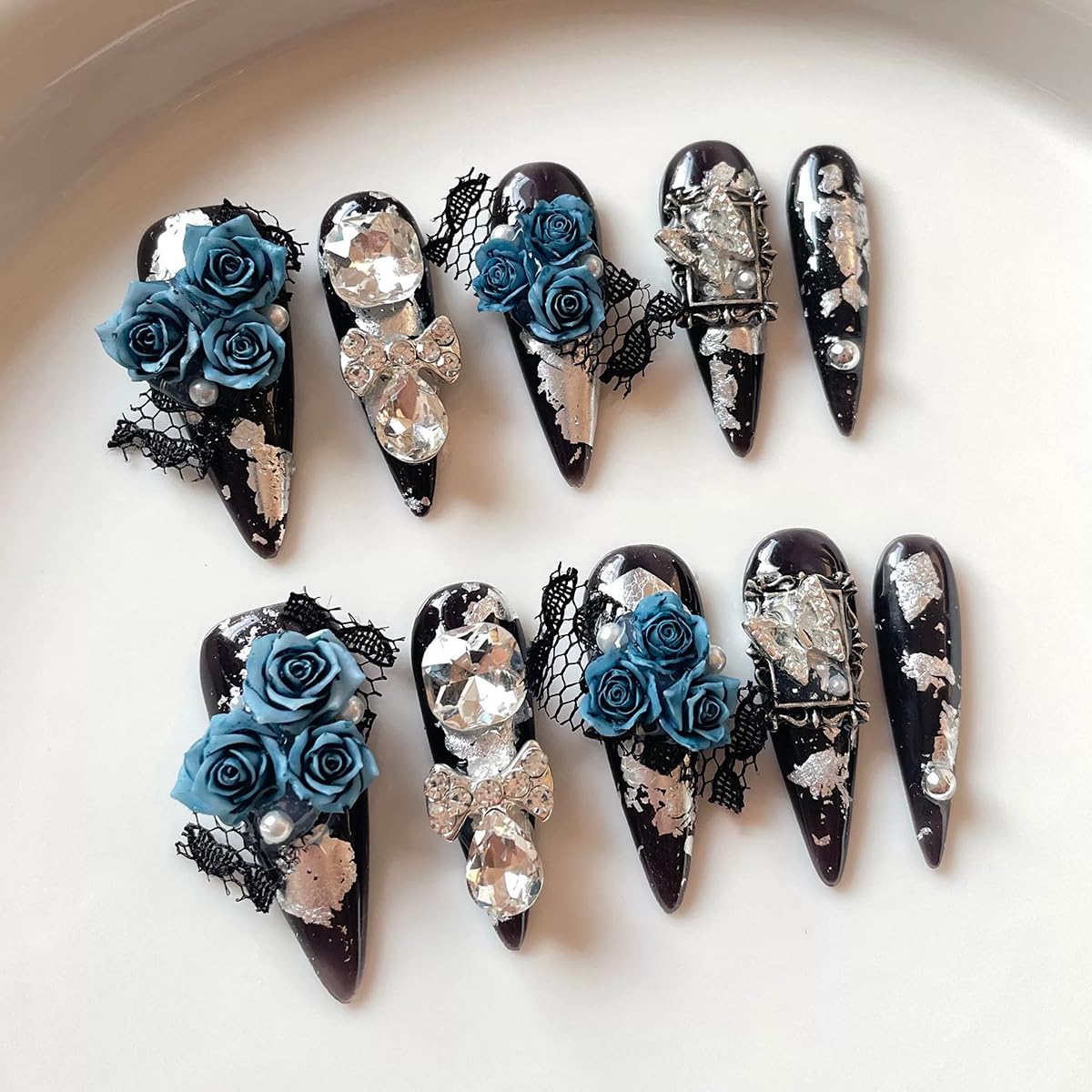 Meemooron 10pcs Handmade Press On Nails – Long Stiletto, Black with Blue Flower Rhinestones