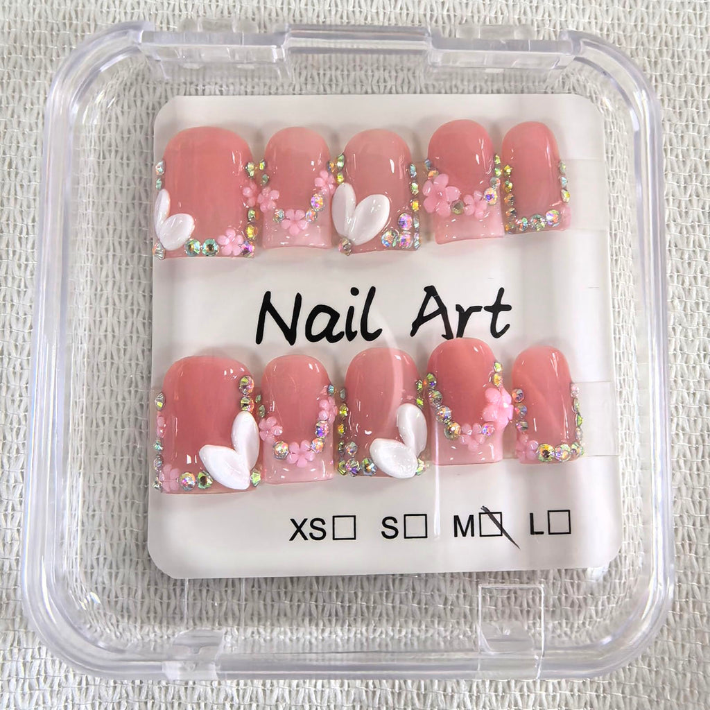 Meemooron Handmade Press On Nails – Square Short Pink French Tip with 3D Flowers & Rhinestones | Glossy Luxury Acrylic Nails (10pcs, Size M)