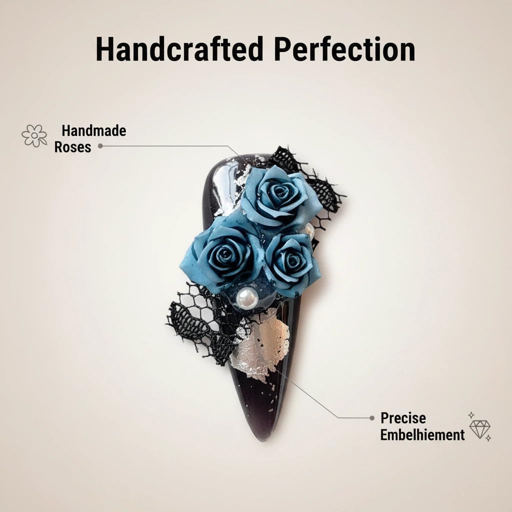 Meemooron 10pcs Handmade Press On Nails – Long Stiletto, Black with Blue Flower Rhinestones