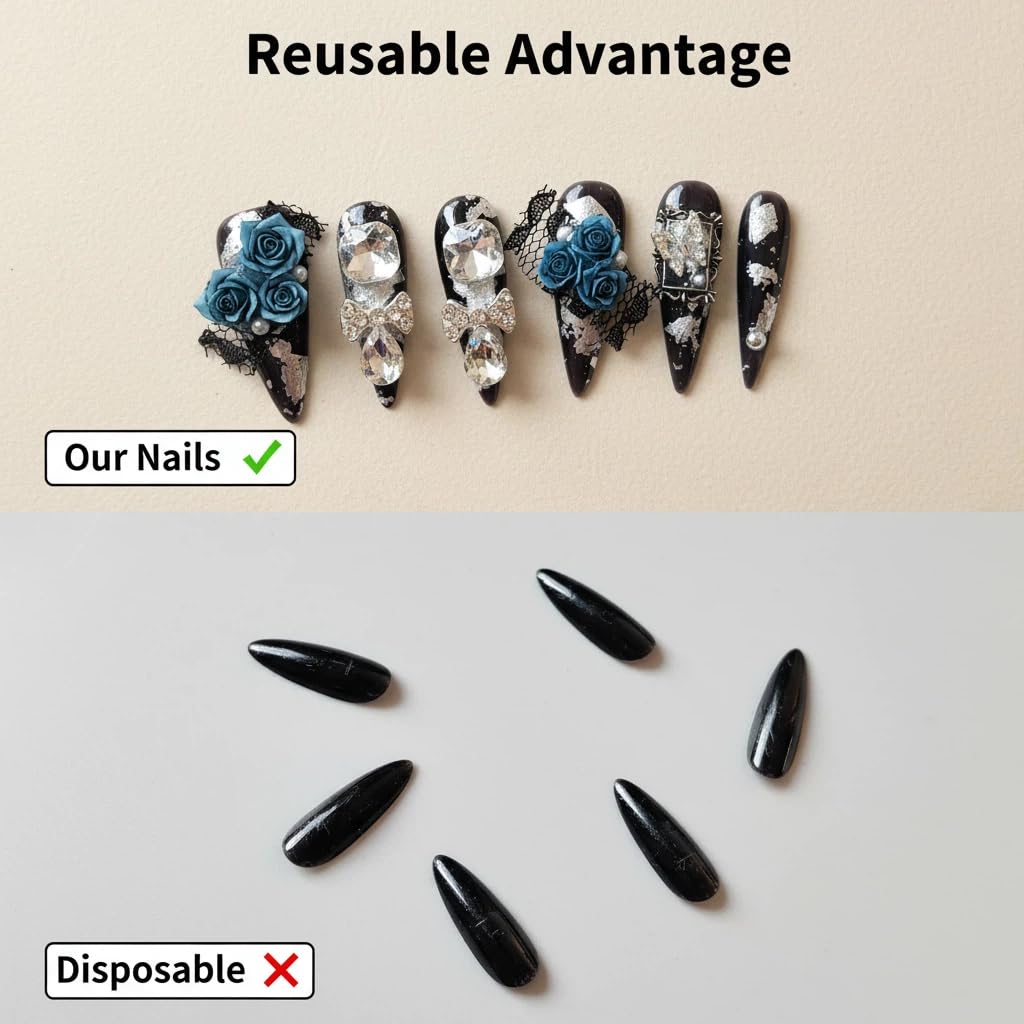 Meemooron 10pcs Handmade Press On Nails – Long Stiletto, Black with Blue Flower Rhinestones