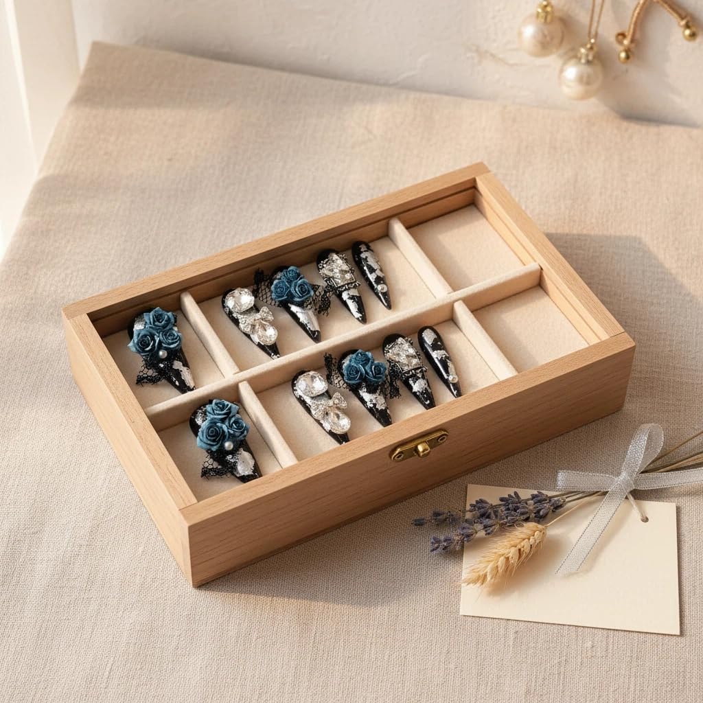 Meemooron 10pcs Handmade Press On Nails – Long Stiletto, Black with Blue Flower Rhinestones