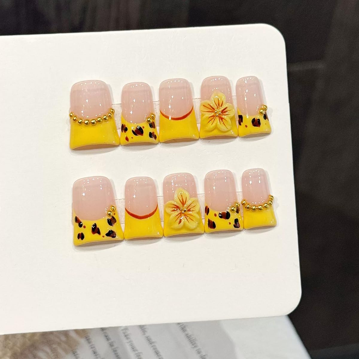 Meemooron Duck Press-On Nails – Yellow French with 3D Cherry Blossoms & Leopard Print, Size M (10 pcs)