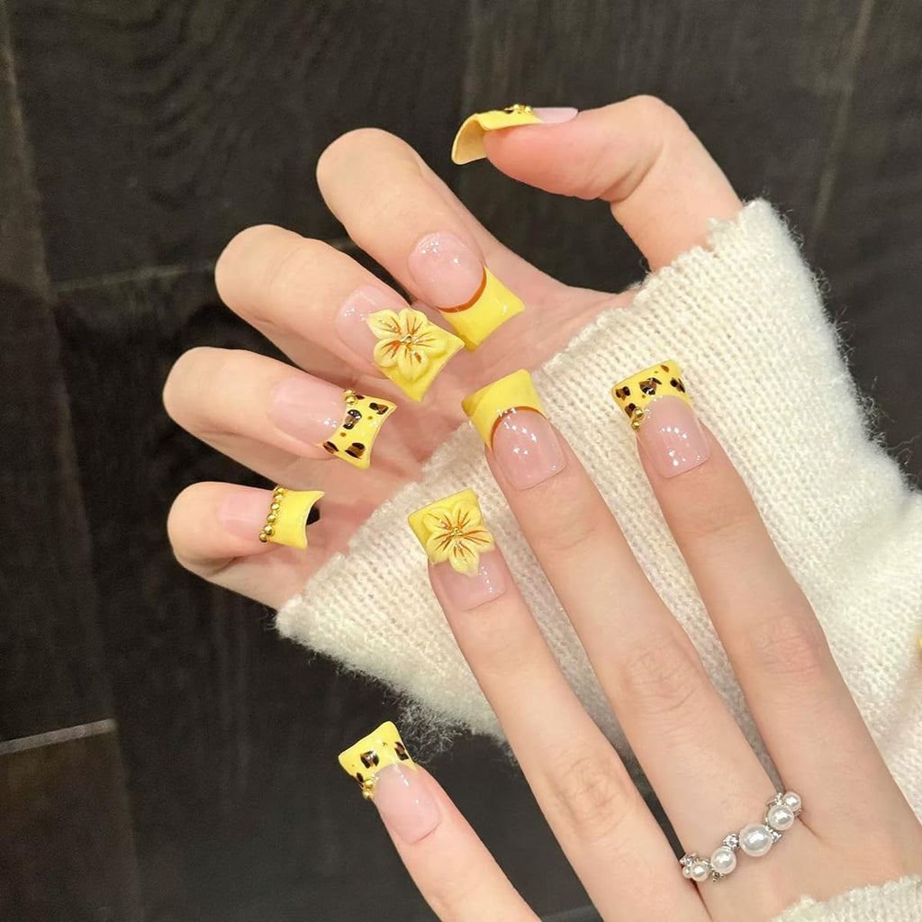 Meemooron Duck Press-On Nails – Yellow French with 3D Cherry Blossoms & Leopard Print, Size M (10 pcs)